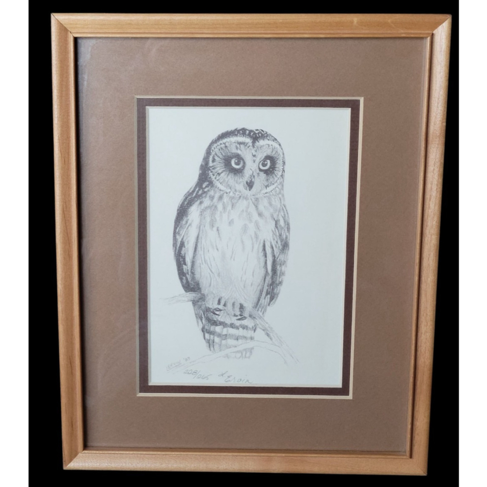Vintage Signed Numbered Owl Print L. Ervin 10.5"x8.5" framed